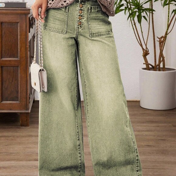 Army Green Casual Women's Wide Leg Patchwork Loose Jeans - Picture 4 of 7